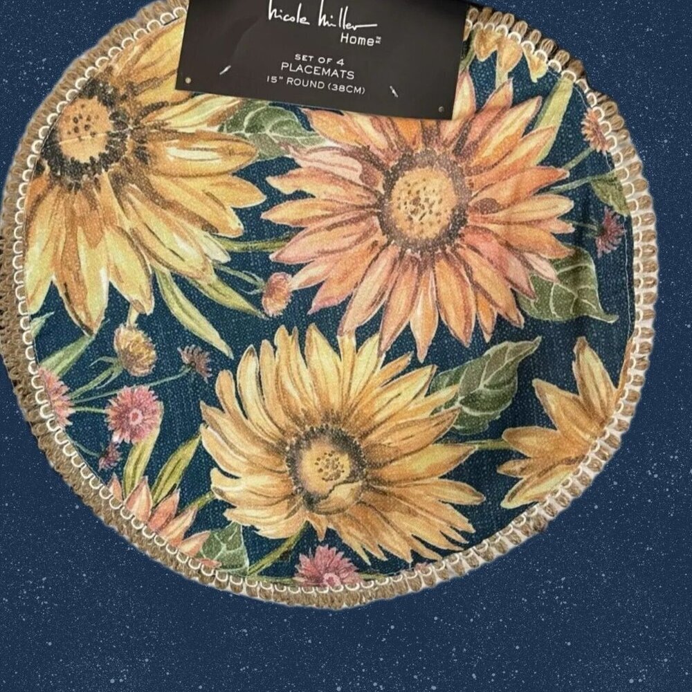 Nicole Miller Washed Autumn Hue Floral Rope Border Detail Placemats- Set of 4